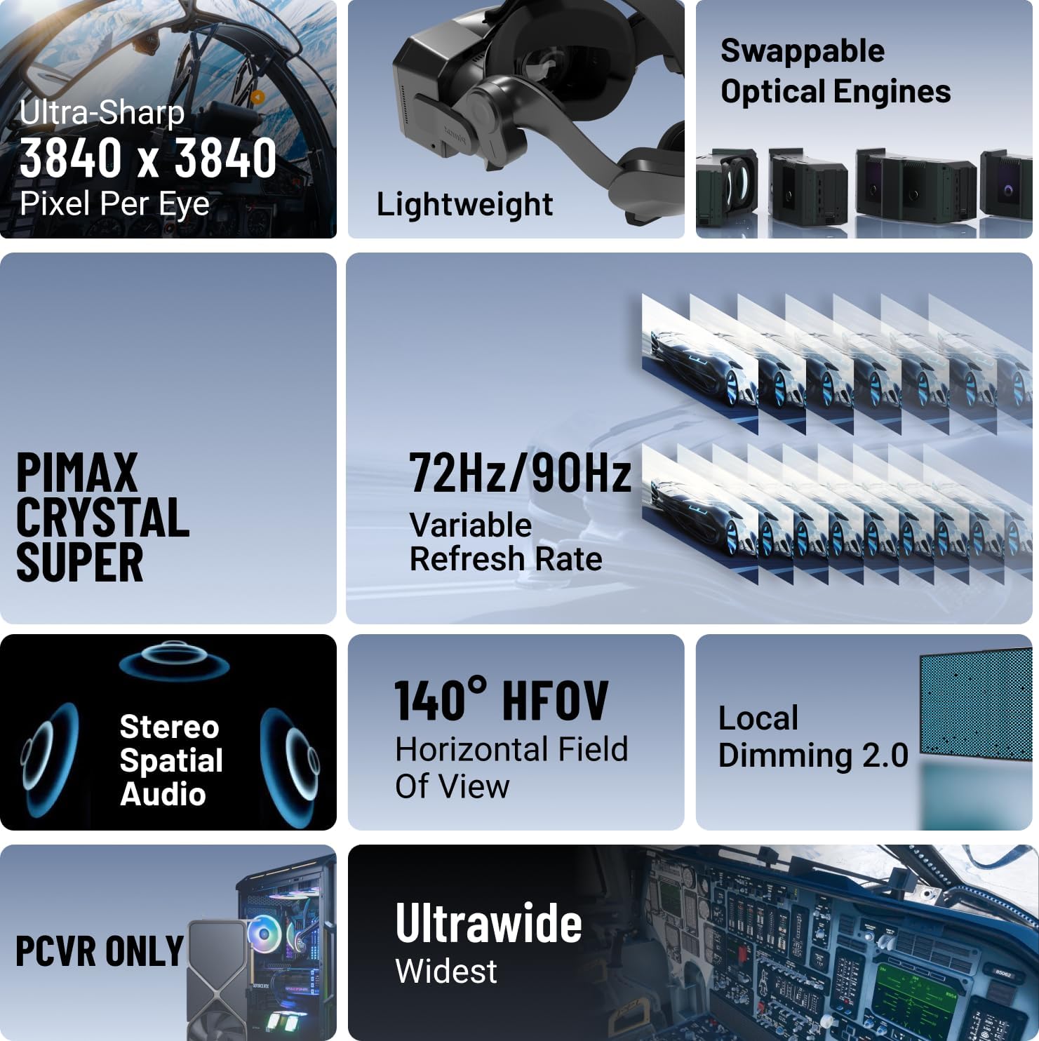 Pimax Crystal Super VR Headset, 3840x3840 per Eye, Ultrawide, 140° FOV, Eye- Tracking, Ultra-Sharp for Flight & Racing Simulators & Gaming, DP Connection with PC