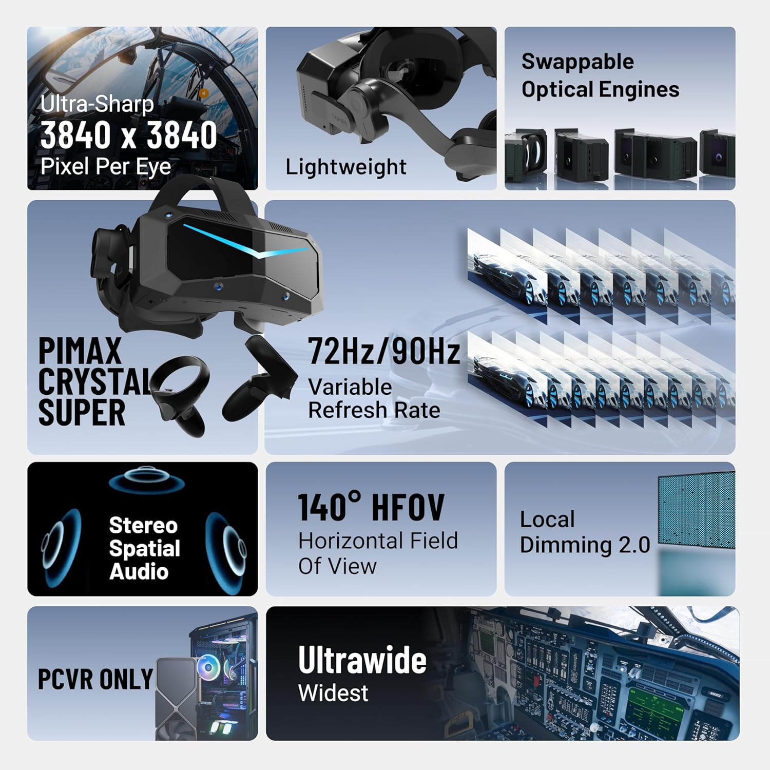Pimax Crystal Super VR Headset | Full Payment Version 3840x3840 per Eye Ultrawide 140° FOV Eye- Tracking Ultra-Sharp for Flight & Racing Simulators & Gaming (CS-ultrawide)